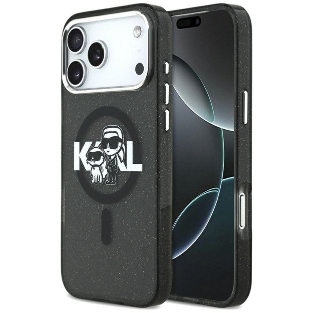 Karl Lagerfeld IML Glitter Karl &amp  Choupette Sketch Logo MagSafe Case for iPhone 17 Pro Max - Black