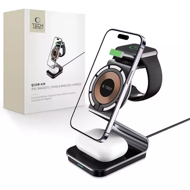 Tech-Protect QI15W-A29 3-in-1 Inductive Charger with MagSafe for Smartphone / Apple Watch / AirPods - Black