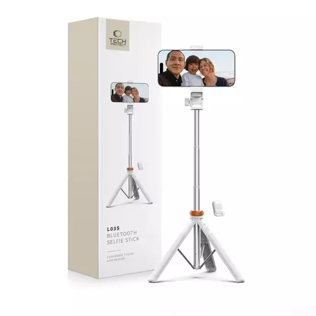 Tech-Protect L03S Bluetooth selfie stick with remote control, tripod up to 148cm and 180 head - white
