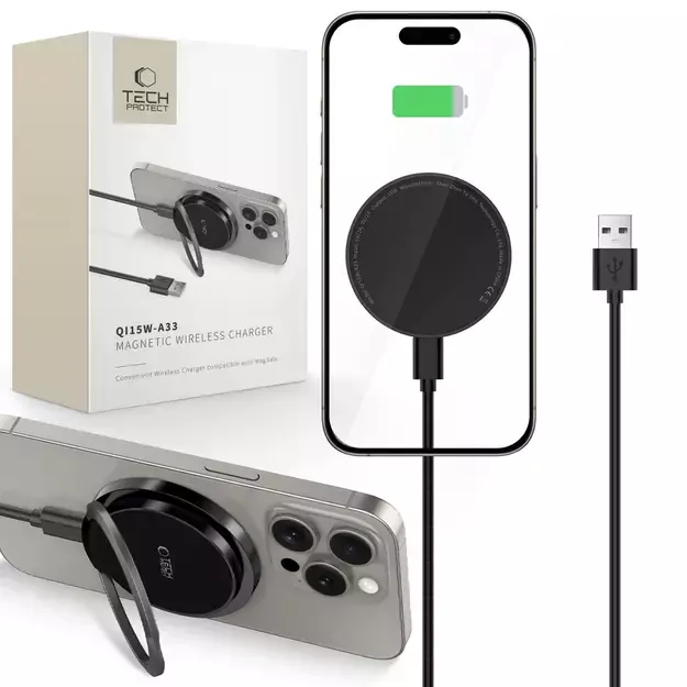 Tech-Protect QI15W-A33 Inductive Charger with MagSafe and Stand with USB-A / USB-C Cable - Black