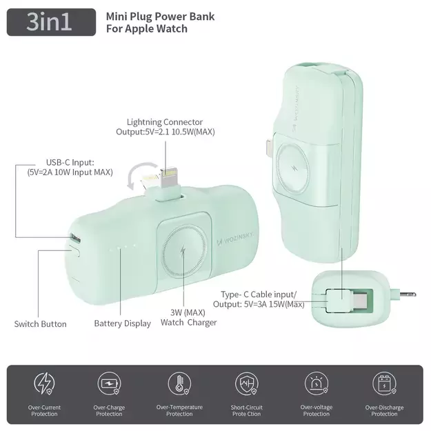 Wozinsky WF16-YLS 5000mAh 15W Lightning Mini Power Bank with Built-in USB-C Cable and Apple Watch Charger - Green 20