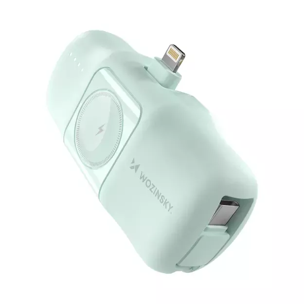 Wozinsky WF16-YLS 5000mAh 15W Lightning Mini Power Bank with Built-in USB-C Cable and Apple Watch Charger - Green