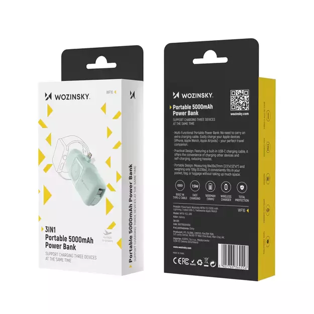 Wozinsky WF16-YLS 5000mAh 15W Lightning Mini Power Bank with Built-in USB-C Cable and Apple Watch Charger - Green 22