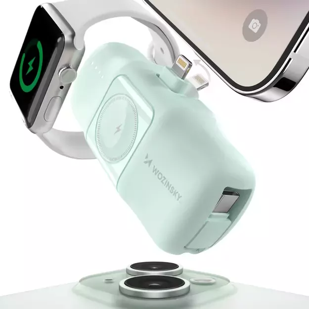 Wozinsky WF16-YLS 5000mAh 15W Lightning Mini Power Bank with Built-in USB-C Cable and Apple Watch Charger - Green 14