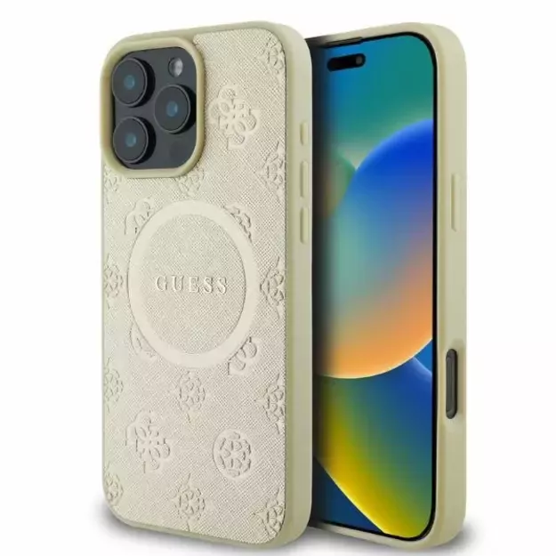 Guess Saffiano Peony Classic Logo MagSafe case for iPhone 16 Pro - gold