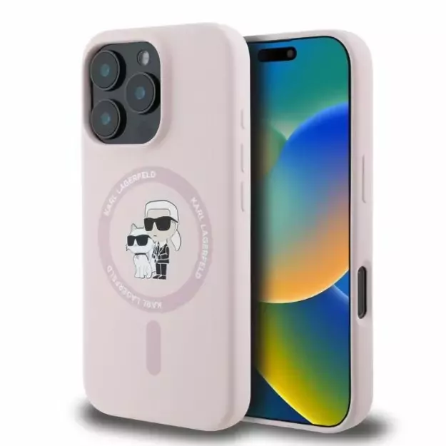 Karl Lagerfeld Silicone Karl&amp Choupette Heads Ring MagSafe Case for iPhone 16 Pro - Pink