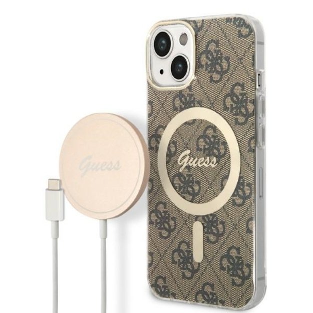 Set Guess GUBPP14SH4EACSW Case+ Charger iPhone 14 6.1&quot  brown/brown hard case 4G Print MagSafe