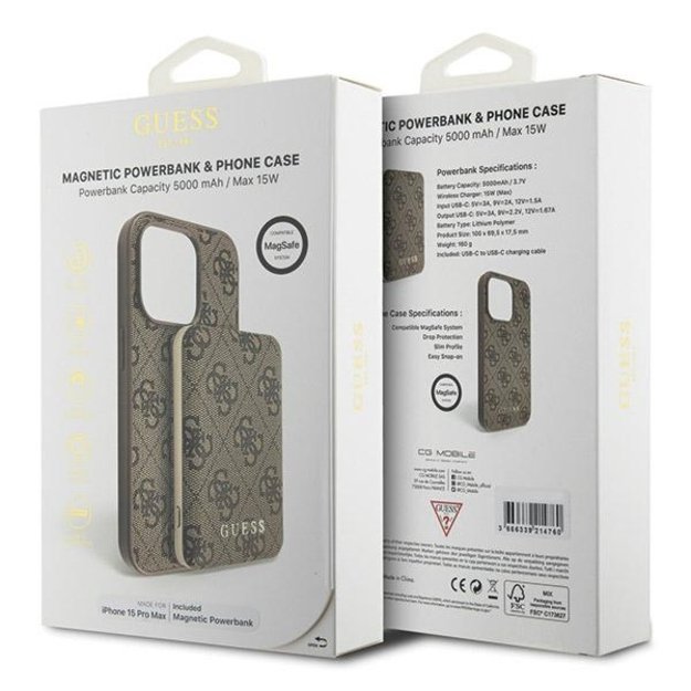 Guess 4G Metal Logo case set for iPhone 15 Pro Max + 5000mAh MagSafe power bank - brown 10