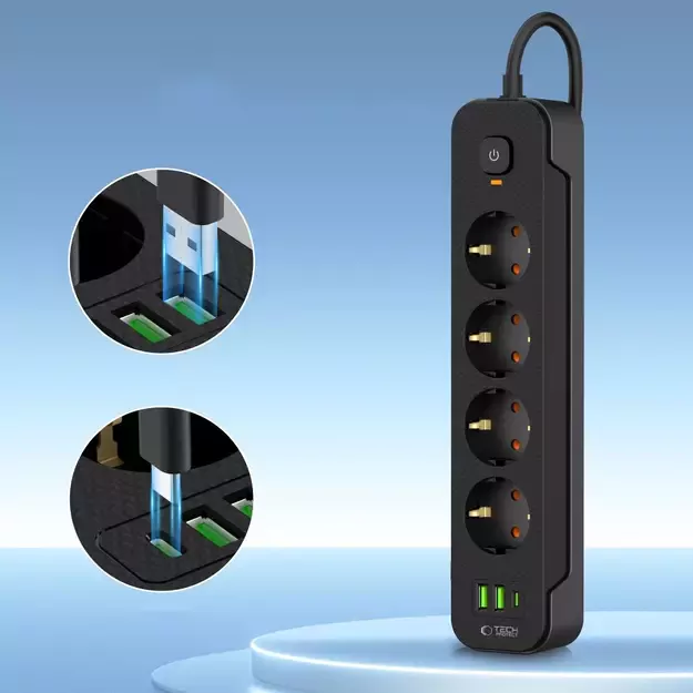 Tech-Protect PCL4X3 Power Strip 4 Sockets 240V + 2xUSB-A + 1xUSB-C 200 cm - Black 8