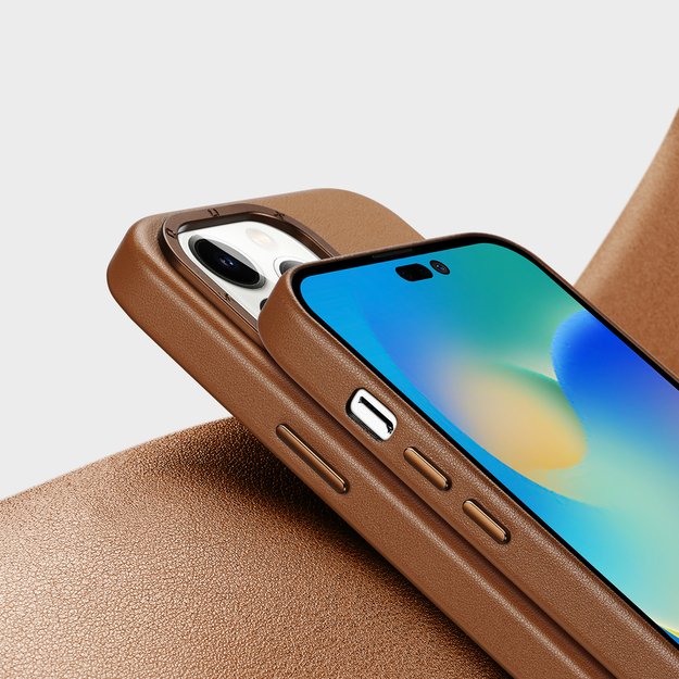 Dux Ducis Grit Leather Case for iPhone 14 Pro Max Elegant Faux Leather Cover (MagSafe Compatible) Brown 18