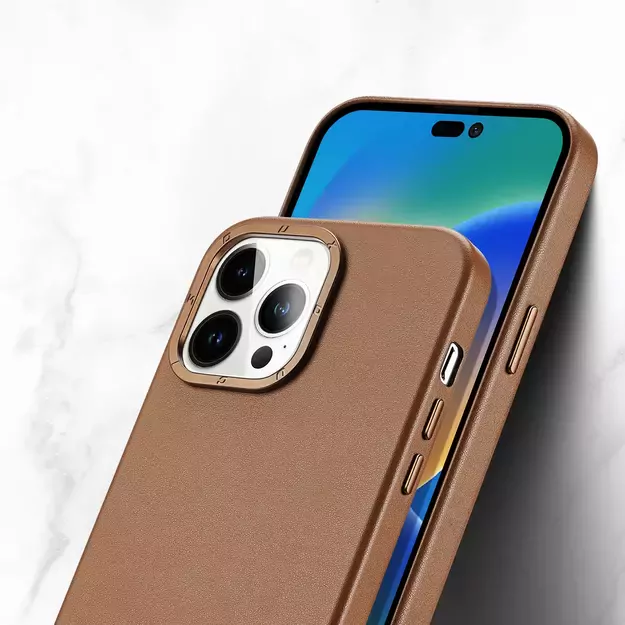 Dux Ducis Grit Leather Case for iPhone 14 Pro Max Elegant Faux Leather Cover (MagSafe Compatible) Brown 6