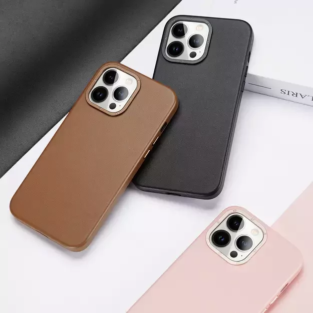 Dux Ducis Grit Leather Case for iPhone 14 Pro Max Elegant Faux Leather Cover (MagSafe Compatible) Brown 5