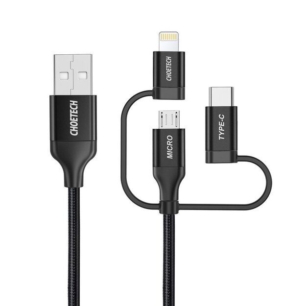 Choetech 3in1 MFI cable USB - USB Type C / micro USB / Lightning (charging 3A / data transmission 480 Mbps) 1.2m black (IP0030-BK) 1