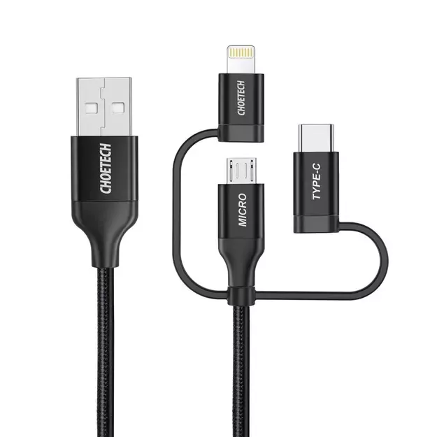 Choetech 3in1 MFI cable USB - USB Type C / micro USB / Lightning (charging 3A / data transmission 480 Mbps) 1.2m black (IP0030-BK) 1
