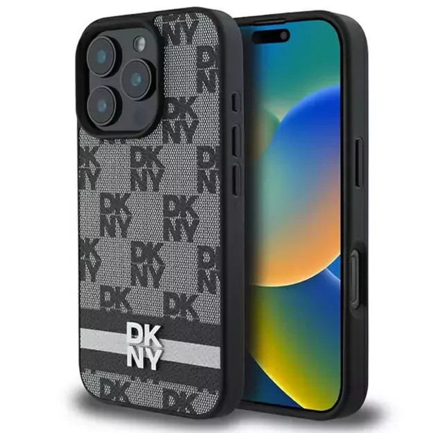 DKNY Checkered Pattern &amp  Printed Stripes case for iPhone 16 Pro - black