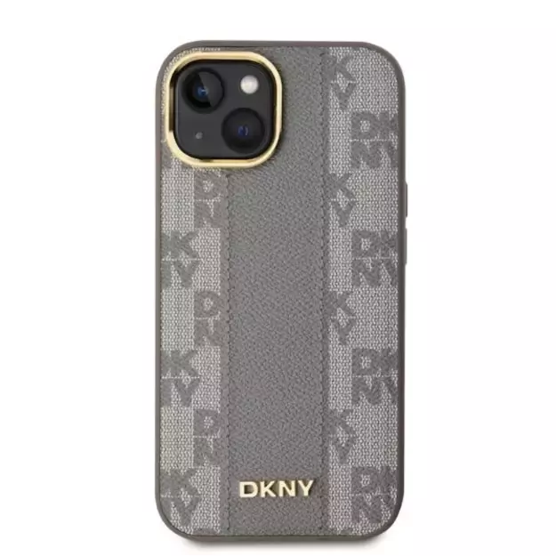 DKNY Leather Checkered Mono Pattern MagSafe iPhone 14 Case - Beige 1