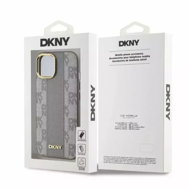DKNY Leather Checkered Mono Pattern MagSafe iPhone 14 Case - Beige 4