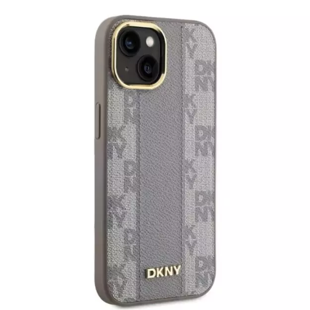 DKNY Leather Checkered Mono Pattern MagSafe iPhone 14 Case - Beige 3