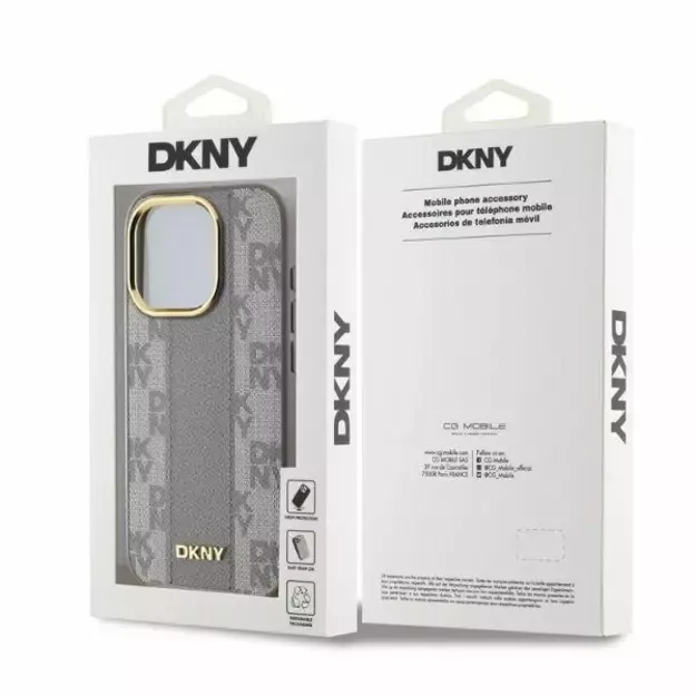 DKNY Leather Checkered Mono Pattern MagSafe iPhone 15 Pro Max Case - Beige 4
