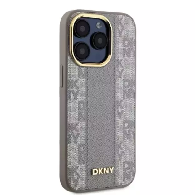DKNY Leather Checkered Mono Pattern MagSafe iPhone 15 Pro Max Case - Beige 3