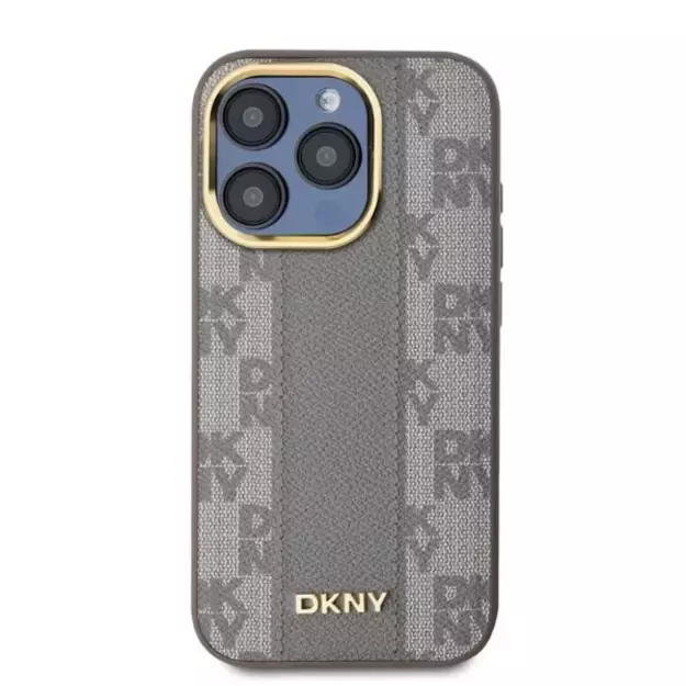 DKNY Leather Checkered Mono Pattern MagSafe iPhone 15 Pro Max Case - Beige 1