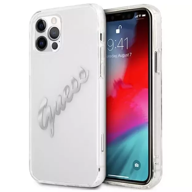Guess GUHCP12LKTRSVSI iPhone 12 Pro Max 6.7&quot  Transparent hardcase Vintage Script Silver