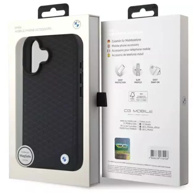 BMW Sign Leather Diamond Metal Logo MagSafe iPhone 16 Case - Black 14