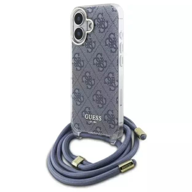 Guess Crossbody Cord 4G Print Case with Lanyard for iPhone 16 - Blue