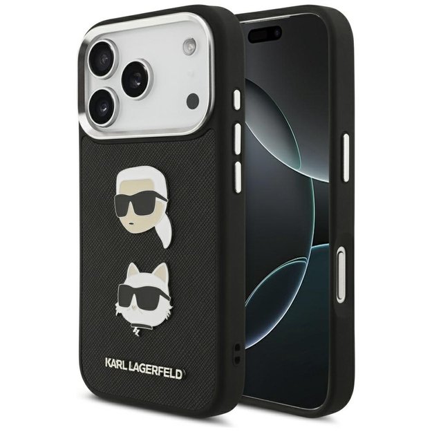 Karl Lagerfeld FW Grained Karl &amp  Choupette Heads Pins &amp  Logo iPhone 17 Pro Case - Black