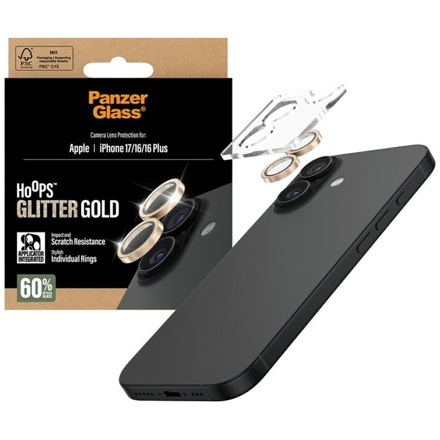 PanzerGlass Hoops Glitter Tempered Glass Lens Screen Protector for iPhone 17 / 16 / 16 Plus - Gold 3