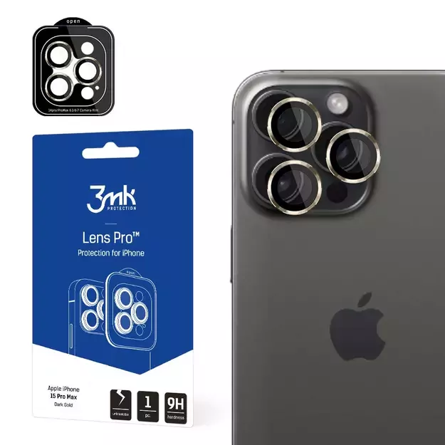 3mk Lens Protection Pro Camera Cover with Gold Frame for iPhone 15 Pro Max