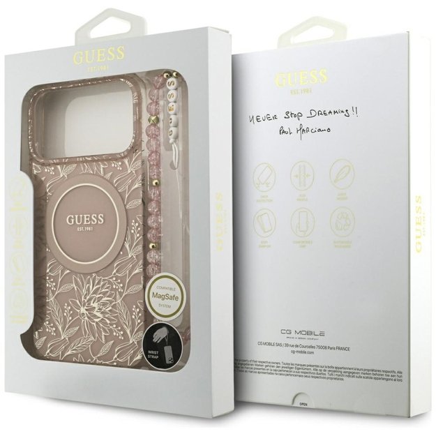Guess IML Flowers Electro Pearl Strap MagSafe Case for iPhone 17 Pro Max - Pink 7