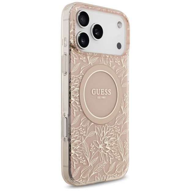 Guess IML Flowers Electro Pearl Strap MagSafe Case for iPhone 17 Pro Max - Pink 3