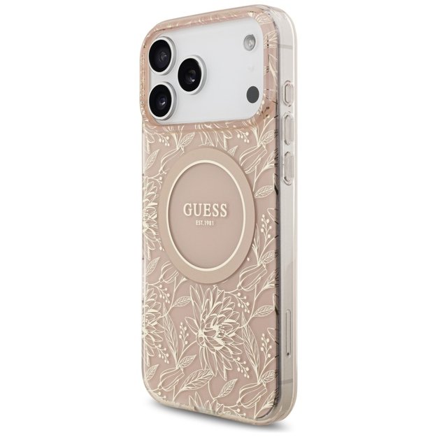 Guess IML Flowers Electro Pearl Strap MagSafe Case for iPhone 17 Pro Max - Pink 2