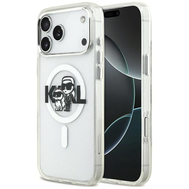 Karl Lagerfeld IML Glitter Karl &amp  Choupette Sketch Logo MagSafe Case for iPhone 17 Pro Max - Clear