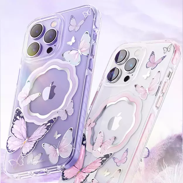 Kingxbar Butterfly Series magnetic case for iPhone 14 Plus MagSafe case with butterflies pink 2