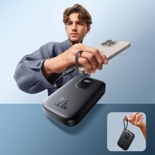 Joyroom JR-PBF17 22.5W 10000mAh Powerbank with Built-in USB-C Cable + 0.25cm USB-C Cable - Black 10