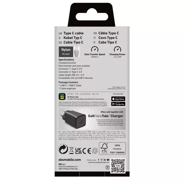 SBS TECABLETISSUETCC2G Cable 2 x USB-C 2m 60W with Power Delivery - Gray 2