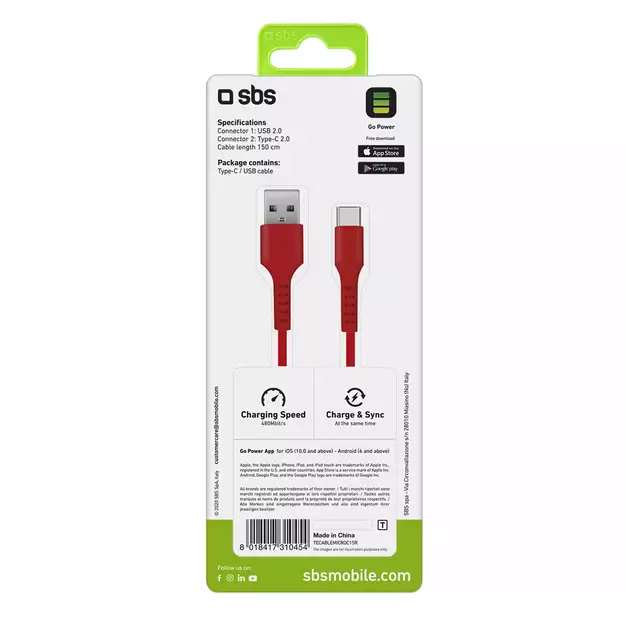 SBS TECABLEMICROC15R USB-A - USB-C Cable 1.5m - Red 2