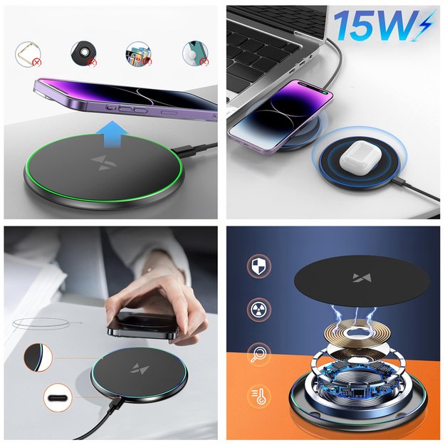 Wozinsky WLI-01Y 15W Qi Inductive Charger with USB-C Cable - Black 1