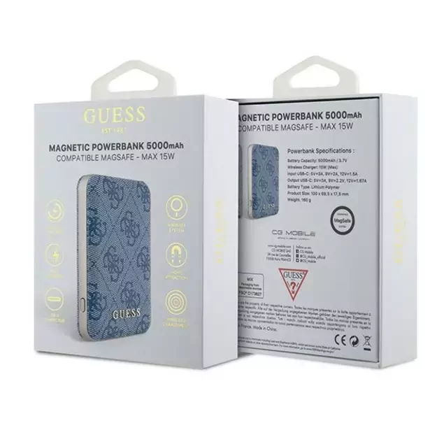Guess Powerbank inductive 15W GUPB5FP4EMGB 5000mAh blue/blue 4G Leather Metal Logo MagSafe 3