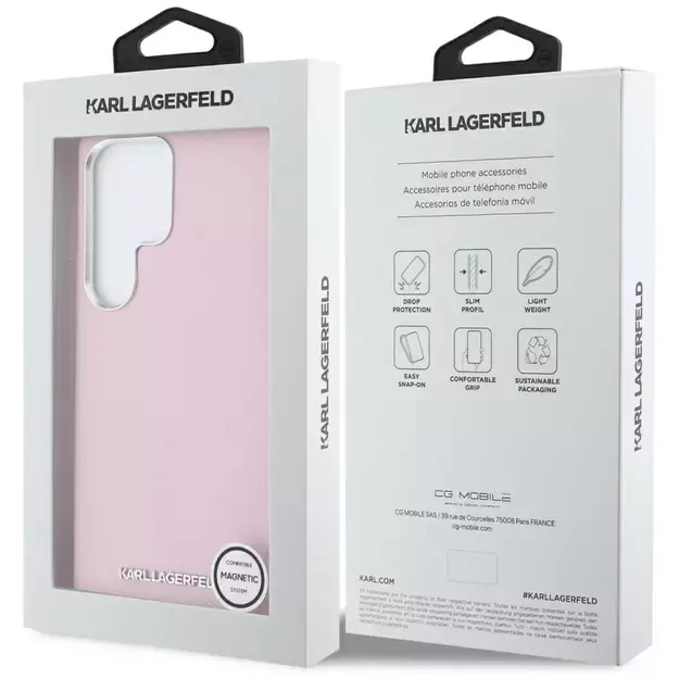 Karl Lagerfeld Saffiano Full Wrapped Elongated Metal Logo MagSafe Case for Samsung Galaxy S25 Ultra - Pink 7