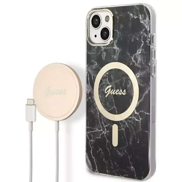 Set Guess GUBPP14SHMEACSK Case+ Charger iPhone 14 6.1  black/black hard case Marble MagSafe