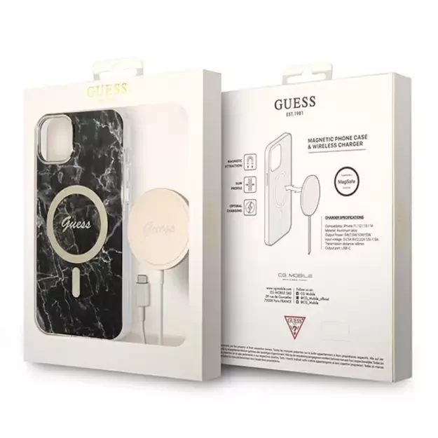 Set Guess GUBPP14SHMEACSK Case+ Charger iPhone 14 6.1  black/black hard case Marble MagSafe 1