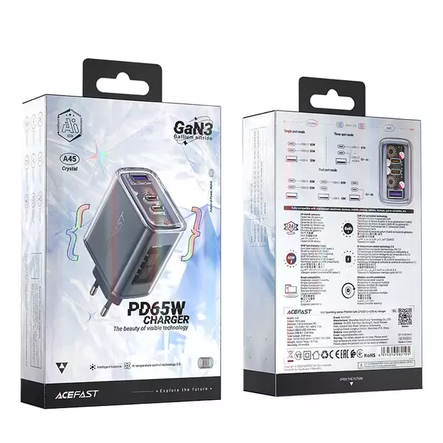 Acefast charger GaN 65W 3 ports (1xUSB, 2xUSB C) gray (A45) 4