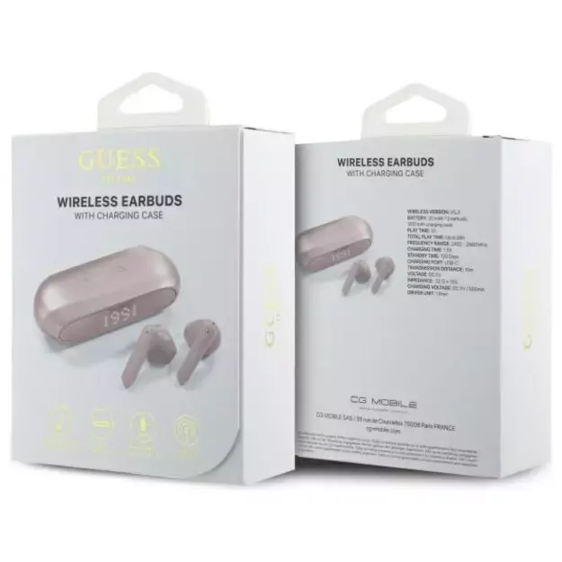 Guess Elongated Metalic Printed Logo Bluetooth TWS Headphones + Docking Station - Pink 12