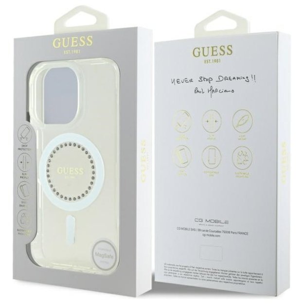 Guess IML Rhinestones MagSafe Case for iPhone 16 Pro Max - White 7