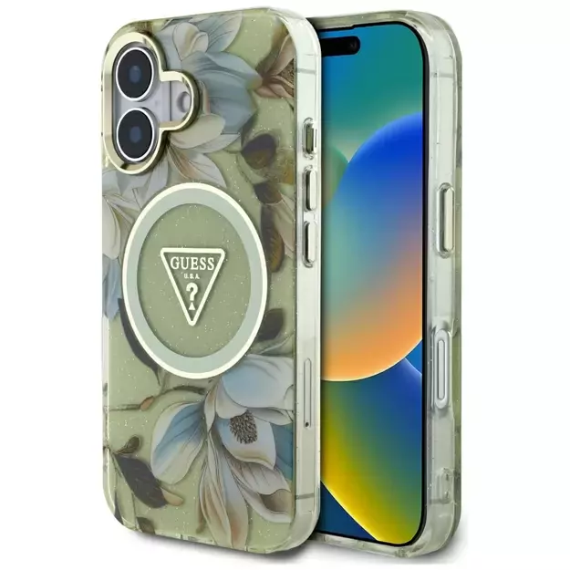 Guess Glitter Flowers Triangle Buttons MagSafe case for iPhone 16 green