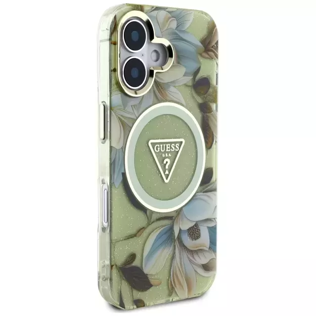 Guess Glitter Flowers Triangle Buttons MagSafe case for iPhone 16 green 12