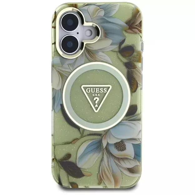 Guess Glitter Flowers Triangle Buttons MagSafe case for iPhone 16 green 11